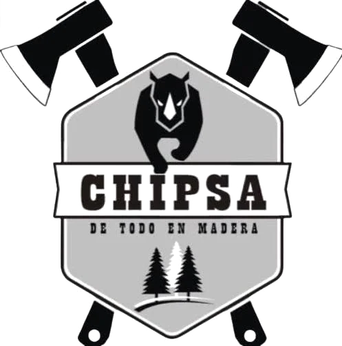 Logotipo de Maderas Chipsa: rinoceronte, hachas cruzadas y pinos con el lema De todo en madera